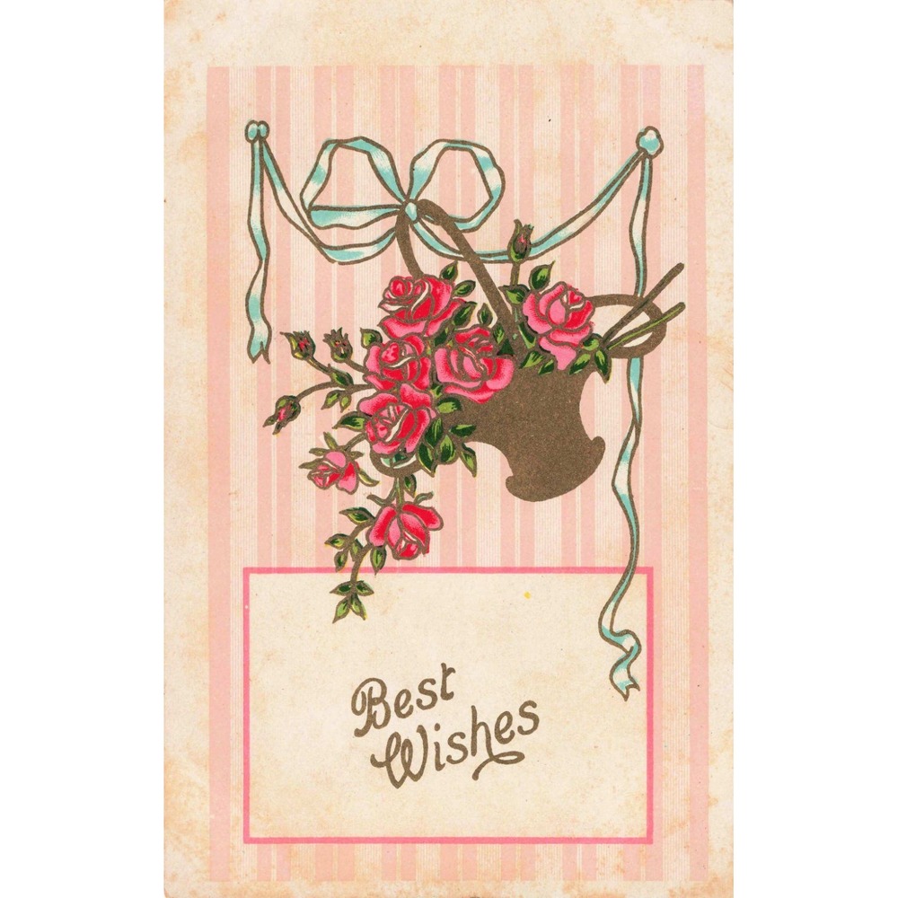 Vintage Best Wishes Postcard Pink Roses Basket Blue Ribbon Striped Floral VG - Picture 1 of 2